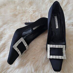 Oscar De La Renta Crystal Buckle Satin Heels SZ 6.5 Black